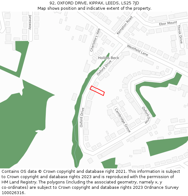 92, OXFORD DRIVE, KIPPAX, LEEDS, LS25 7JD: Location map and indicative extent of plot