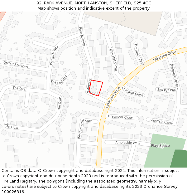 92, PARK AVENUE, NORTH ANSTON, SHEFFIELD, S25 4GG: Location map and indicative extent of plot