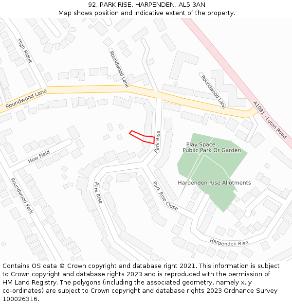 92, PARK RISE, HARPENDEN, AL5 3AN: Location map and indicative extent of plot