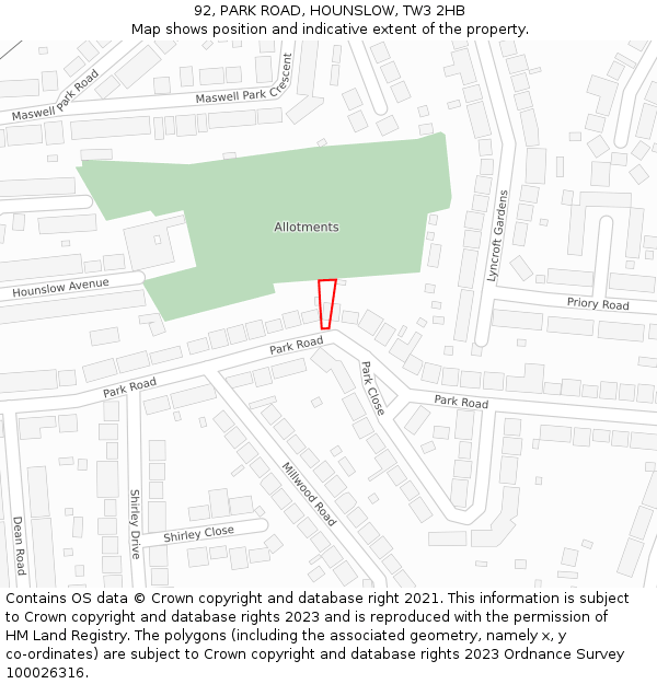 92, PARK ROAD, HOUNSLOW, TW3 2HB: Location map and indicative extent of plot