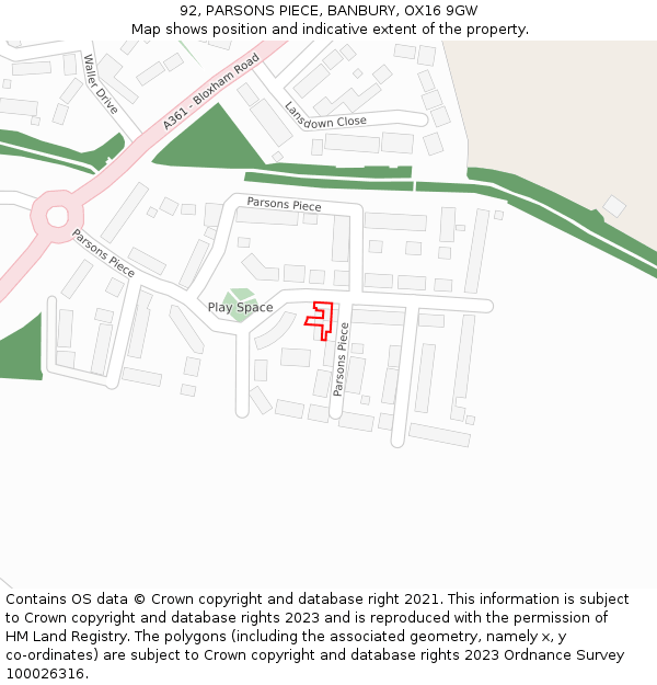 92, PARSONS PIECE, BANBURY, OX16 9GW: Location map and indicative extent of plot