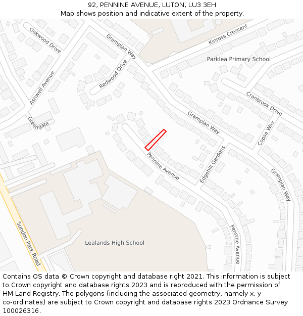 92, PENNINE AVENUE, LUTON, LU3 3EH: Location map and indicative extent of plot