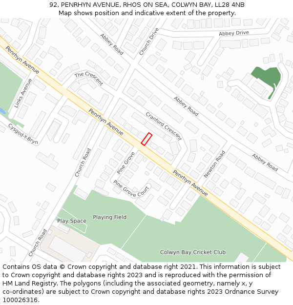 92, PENRHYN AVENUE, RHOS ON SEA, COLWYN BAY, LL28 4NB: Location map and indicative extent of plot