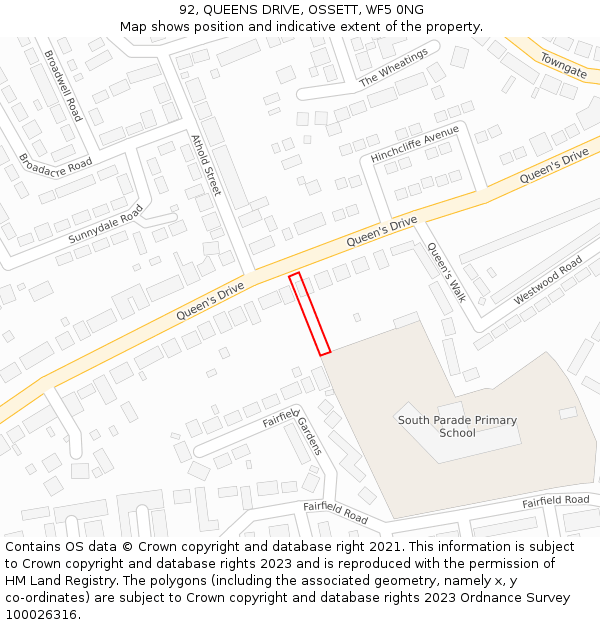 92, QUEENS DRIVE, OSSETT, WF5 0NG: Location map and indicative extent of plot