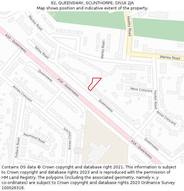 92, QUEENSWAY, SCUNTHORPE, DN16 2JA: Location map and indicative extent of plot