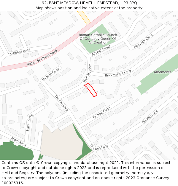 92, RANT MEADOW, HEMEL HEMPSTEAD, HP3 8PQ: Location map and indicative extent of plot