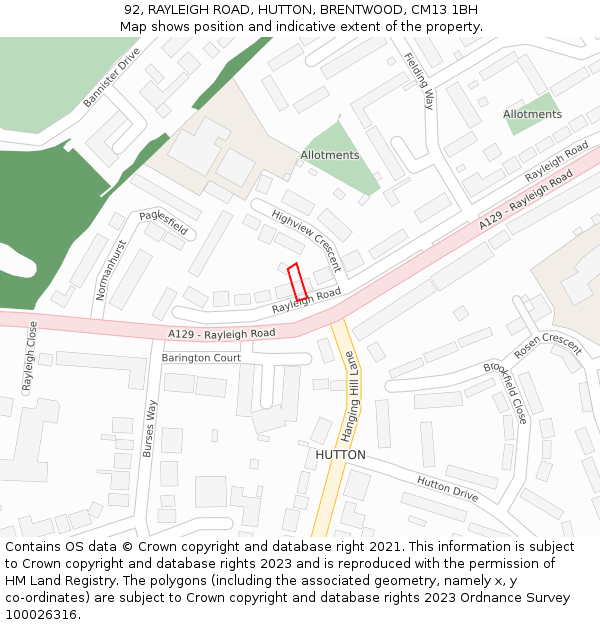 92, RAYLEIGH ROAD, HUTTON, BRENTWOOD, CM13 1BH: Location map and indicative extent of plot