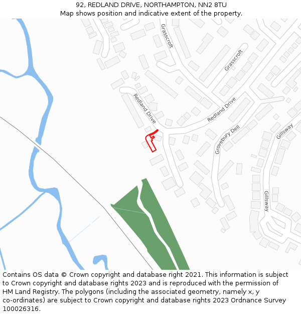 92, REDLAND DRIVE, NORTHAMPTON, NN2 8TU: Location map and indicative extent of plot