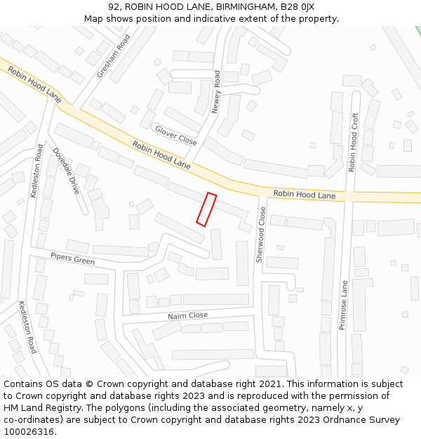 92, ROBIN HOOD LANE, BIRMINGHAM, B28 0JX: Location map and indicative extent of plot