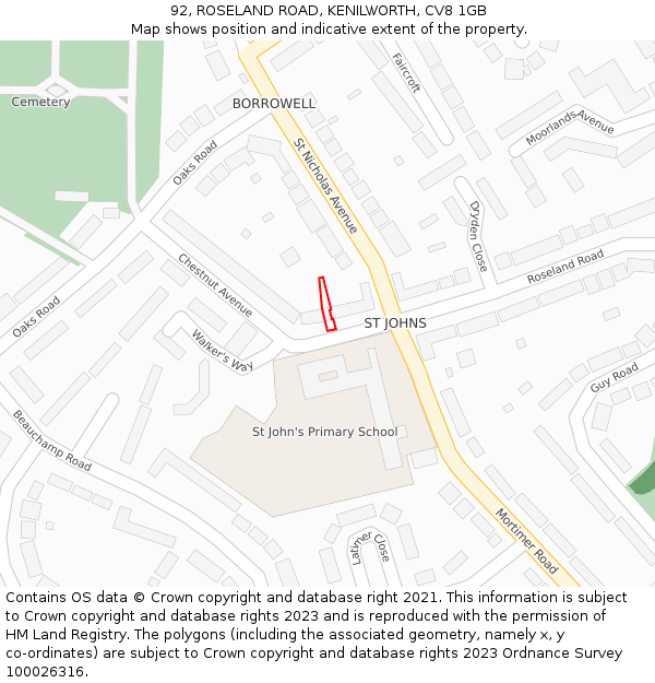 92, ROSELAND ROAD, KENILWORTH, CV8 1GB: Location map and indicative extent of plot