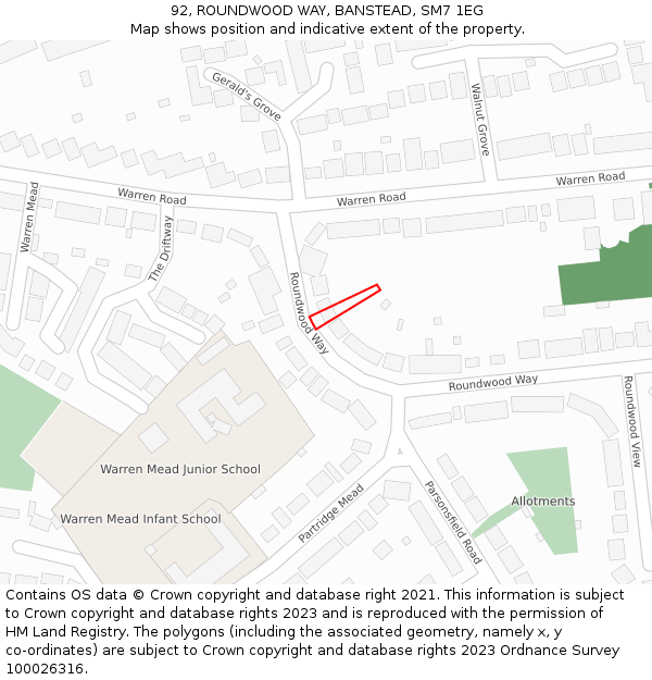 92, ROUNDWOOD WAY, BANSTEAD, SM7 1EG: Location map and indicative extent of plot