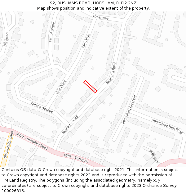 92, RUSHAMS ROAD, HORSHAM, RH12 2NZ: Location map and indicative extent of plot