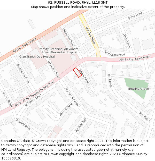 92, RUSSELL ROAD, RHYL, LL18 3NT: Location map and indicative extent of plot