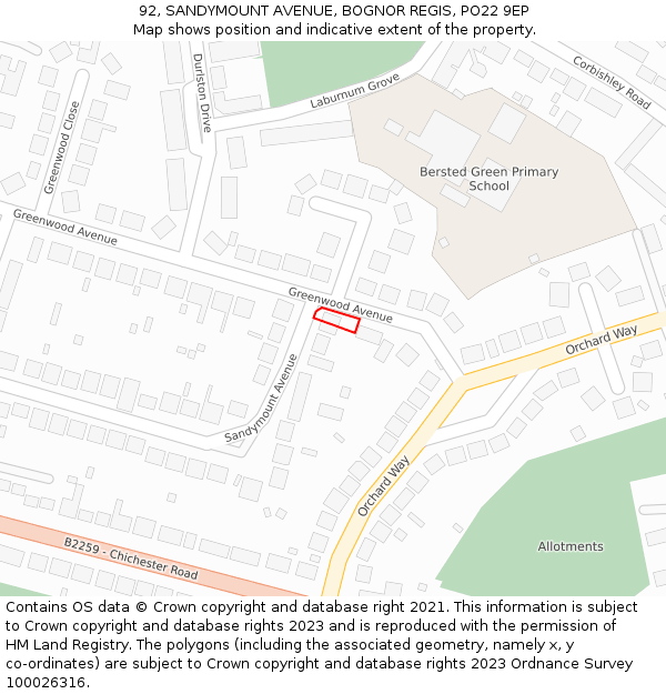 92, SANDYMOUNT AVENUE, BOGNOR REGIS, PO22 9EP: Location map and indicative extent of plot