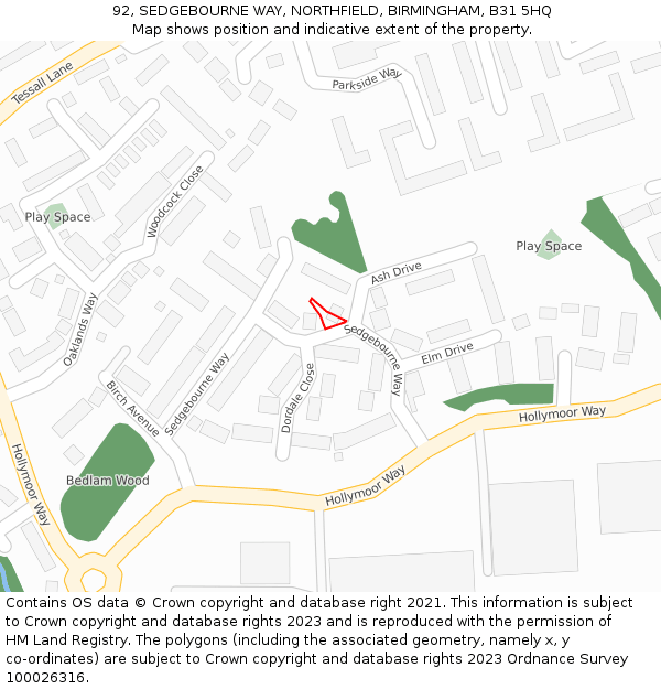 92, SEDGEBOURNE WAY, NORTHFIELD, BIRMINGHAM, B31 5HQ: Location map and indicative extent of plot