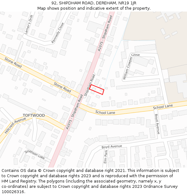 92, SHIPDHAM ROAD, DEREHAM, NR19 1JR: Location map and indicative extent of plot