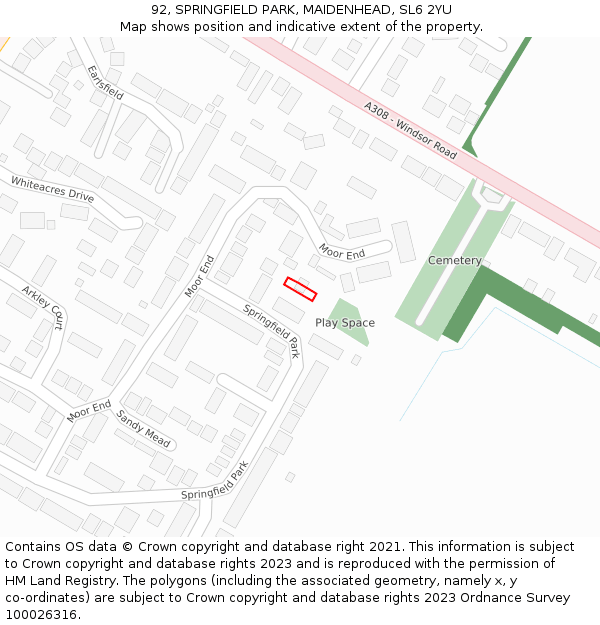 92, SPRINGFIELD PARK, MAIDENHEAD, SL6 2YU: Location map and indicative extent of plot