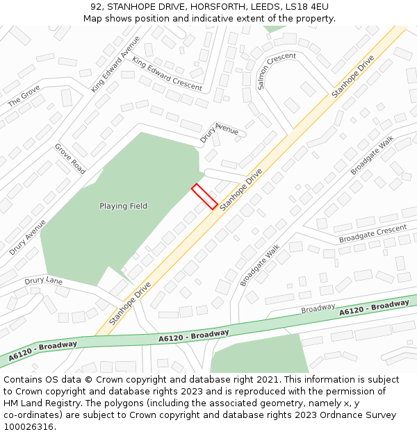 92, STANHOPE DRIVE, HORSFORTH, LEEDS, LS18 4EU: Location map and indicative extent of plot