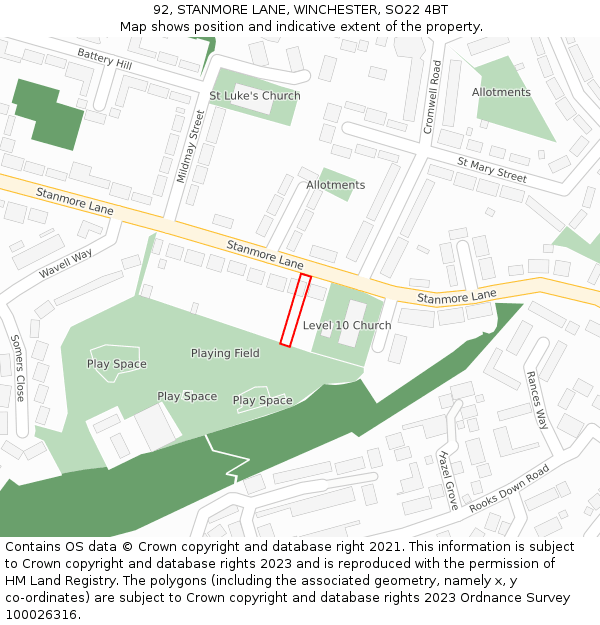 92, STANMORE LANE, WINCHESTER, SO22 4BT: Location map and indicative extent of plot