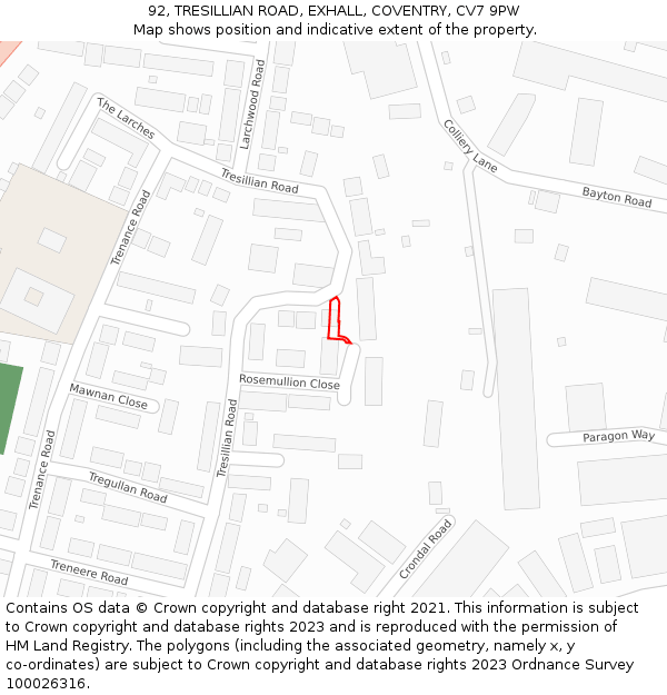 92, TRESILLIAN ROAD, EXHALL, COVENTRY, CV7 9PW: Location map and indicative extent of plot