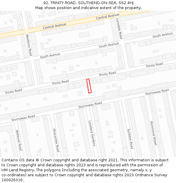 92, TRINITY ROAD, SOUTHEND-ON-SEA, SS2 4HJ: Location map and indicative extent of plot