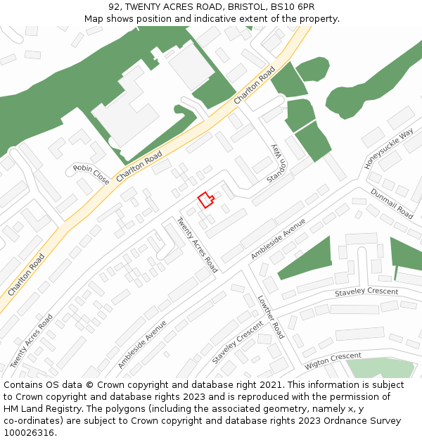 92, TWENTY ACRES ROAD, BRISTOL, BS10 6PR: Location map and indicative extent of plot