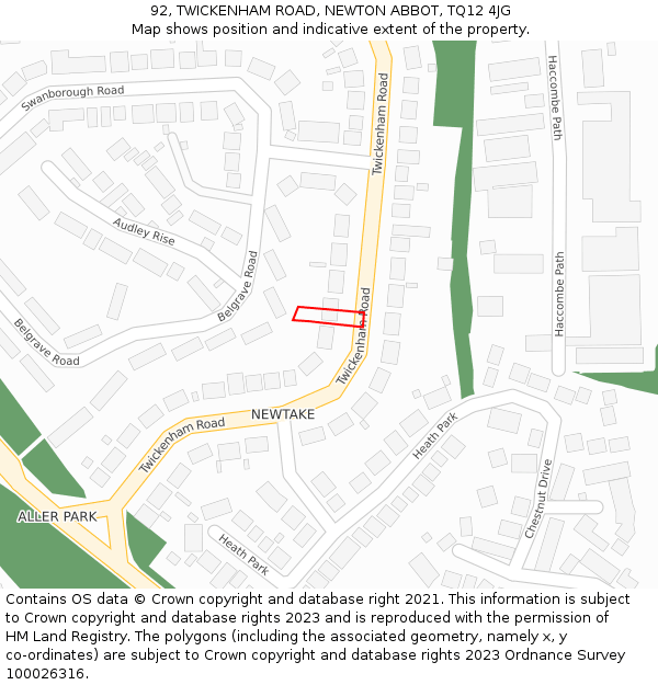 92, TWICKENHAM ROAD, NEWTON ABBOT, TQ12 4JG: Location map and indicative extent of plot
