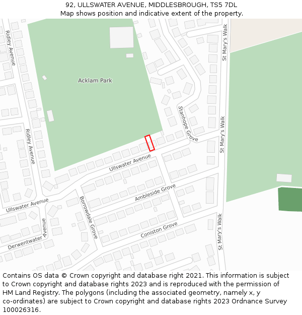 92, ULLSWATER AVENUE, MIDDLESBROUGH, TS5 7DL: Location map and indicative extent of plot