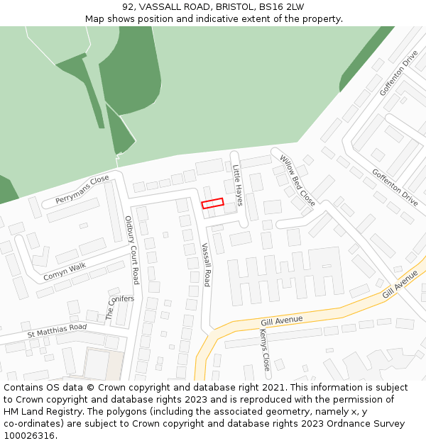 92, VASSALL ROAD, BRISTOL, BS16 2LW: Location map and indicative extent of plot