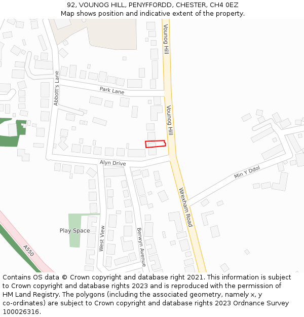 92, VOUNOG HILL, PENYFFORDD, CHESTER, CH4 0EZ: Location map and indicative extent of plot