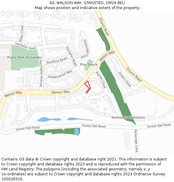 92, WALSON WAY, STANSTED, CM24 8EU: Location map and indicative extent of plot