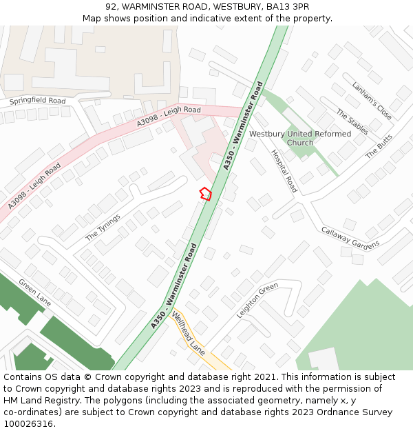 92, WARMINSTER ROAD, WESTBURY, BA13 3PR: Location map and indicative extent of plot