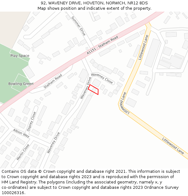 92, WAVENEY DRIVE, HOVETON, NORWICH, NR12 8DS: Location map and indicative extent of plot