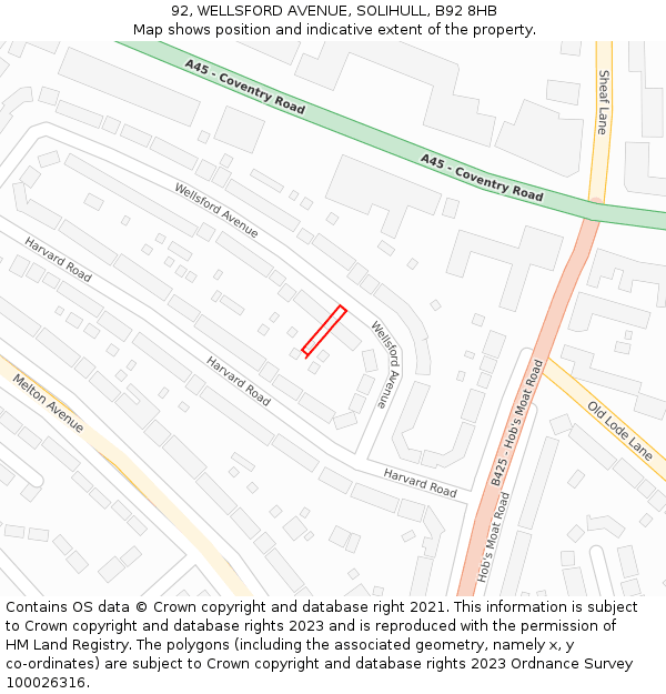 92, WELLSFORD AVENUE, SOLIHULL, B92 8HB: Location map and indicative extent of plot