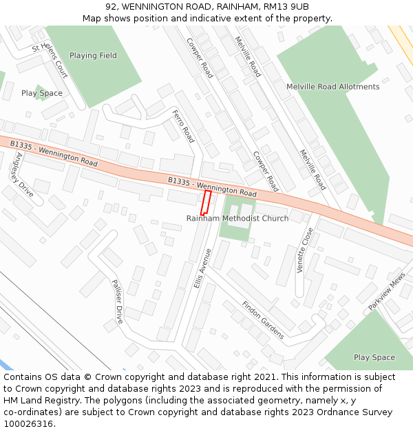 92, WENNINGTON ROAD, RAINHAM, RM13 9UB: Location map and indicative extent of plot