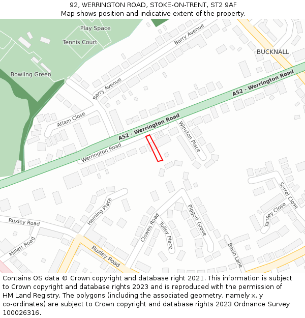 92, WERRINGTON ROAD, STOKE-ON-TRENT, ST2 9AF: Location map and indicative extent of plot