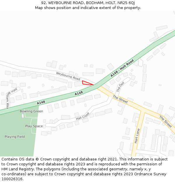 92, WEYBOURNE ROAD, BODHAM, HOLT, NR25 6QJ: Location map and indicative extent of plot