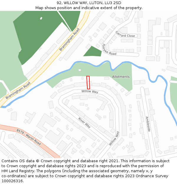 92, WILLOW WAY, LUTON, LU3 2SD: Location map and indicative extent of plot