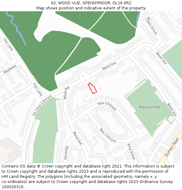 92, WOOD VUE, SPENNYMOOR, DL16 6RZ: Location map and indicative extent of plot