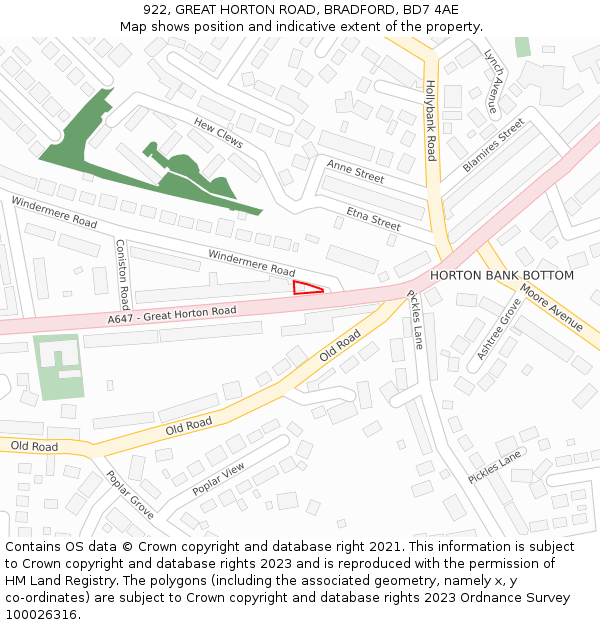 922, GREAT HORTON ROAD, BRADFORD, BD7 4AE: Location map and indicative extent of plot