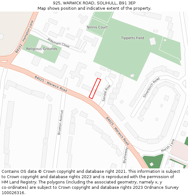 925, WARWICK ROAD, SOLIHULL, B91 3EP: Location map and indicative extent of plot