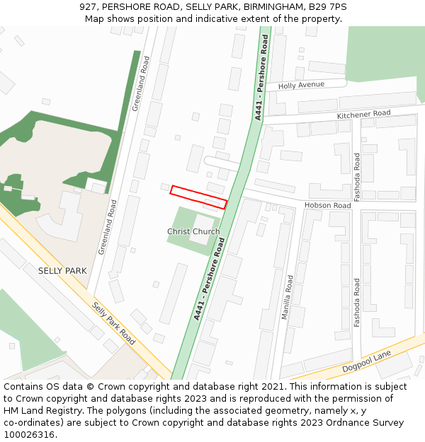 927, PERSHORE ROAD, SELLY PARK, BIRMINGHAM, B29 7PS: Location map and indicative extent of plot