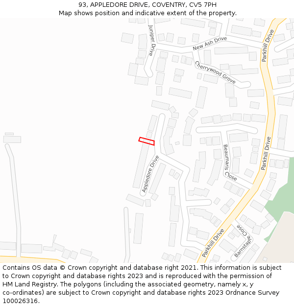 93, APPLEDORE DRIVE, COVENTRY, CV5 7PH: Location map and indicative extent of plot