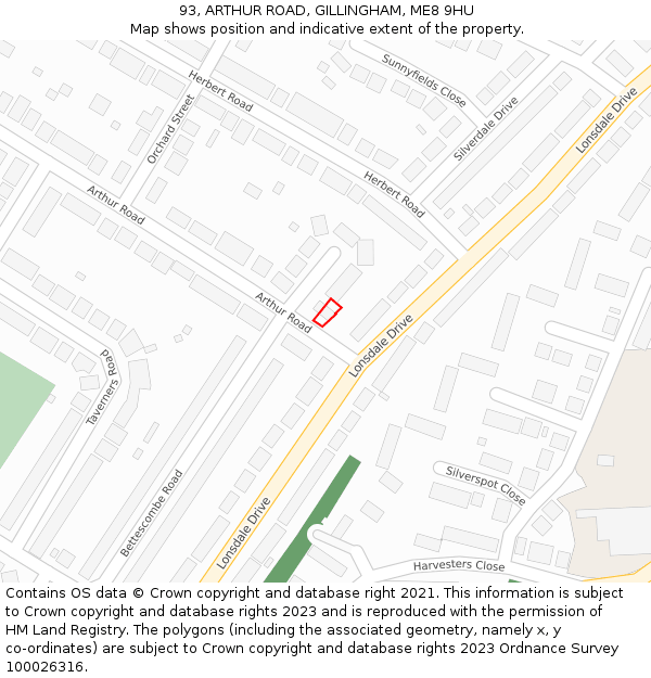 93, ARTHUR ROAD, GILLINGHAM, ME8 9HU: Location map and indicative extent of plot