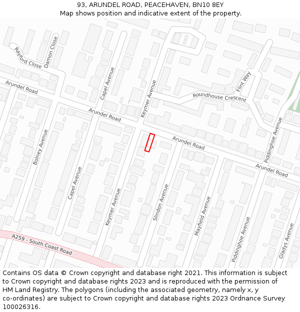 93, ARUNDEL ROAD, PEACEHAVEN, BN10 8EY: Location map and indicative extent of plot