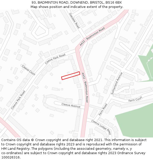 93, BADMINTON ROAD, DOWNEND, BRISTOL, BS16 6BX: Location map and indicative extent of plot