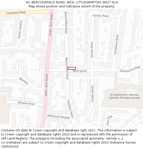 93, BEACONSFIELD ROAD, WICK, LITTLEHAMPTON, BN17 6LN: Location map and indicative extent of plot