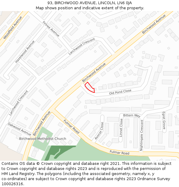 93, BIRCHWOOD AVENUE, LINCOLN, LN6 0JA: Location map and indicative extent of plot