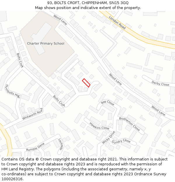 93, BOLTS CROFT, CHIPPENHAM, SN15 3GQ: Location map and indicative extent of plot