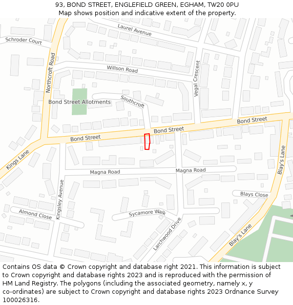 93, BOND STREET, ENGLEFIELD GREEN, EGHAM, TW20 0PU: Location map and indicative extent of plot